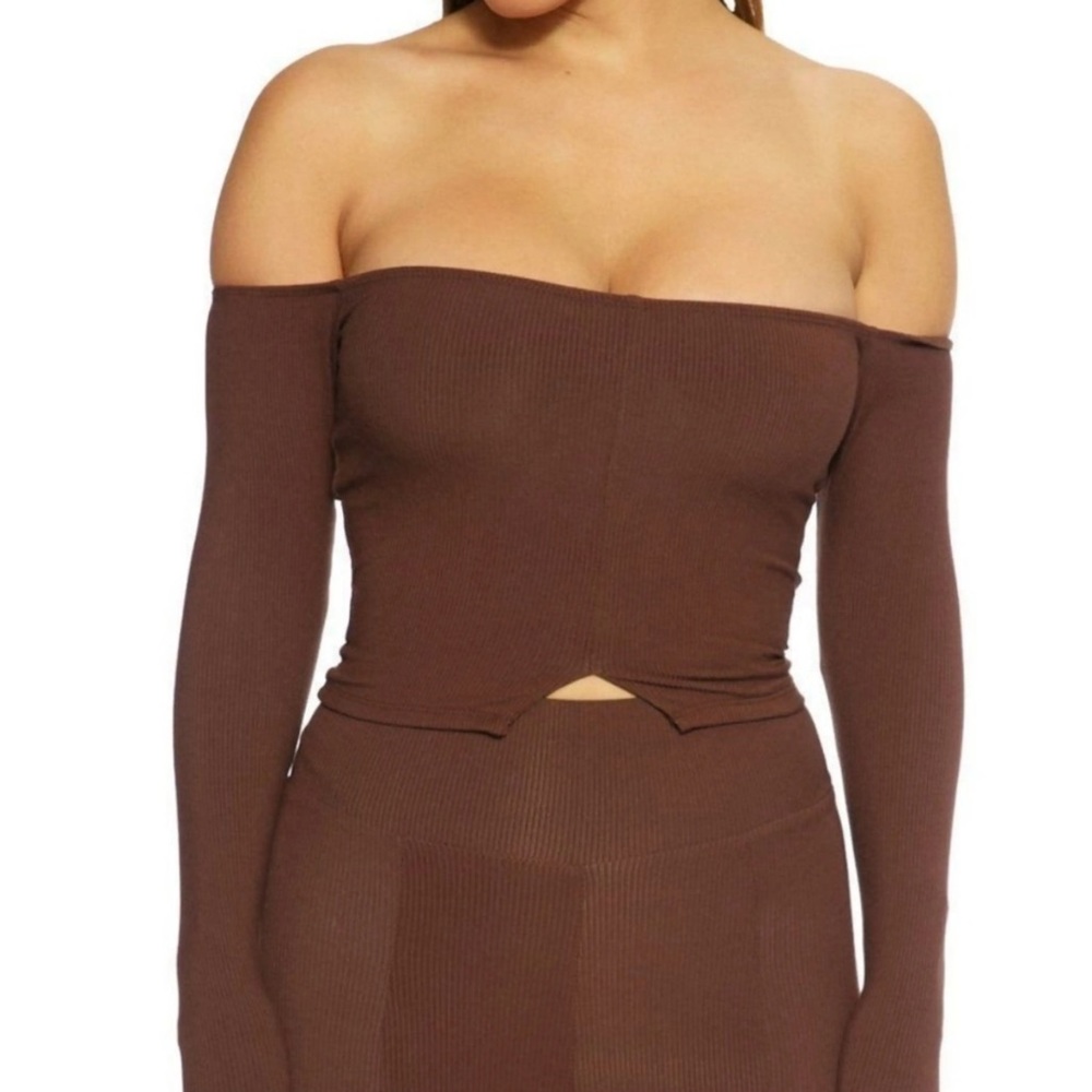 Naked Wardrobe Off The Shoulder Crop Top in Chocolate Brown NWOT